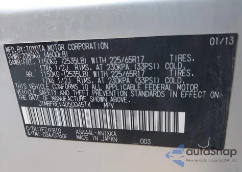 2013 Toyota Rav4 Le из США, поврежденный, VIN JTMBFREV4D5004514